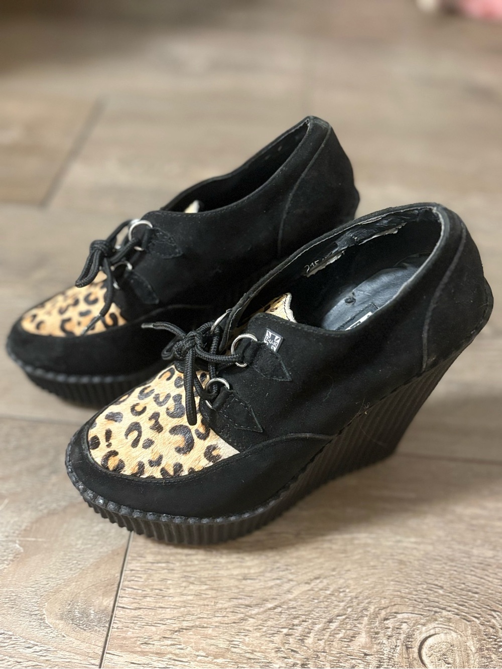 Vintage Y2K T.U.K. Black Suede Wedge Creeper Platforms w Leopard Print Ponyhair